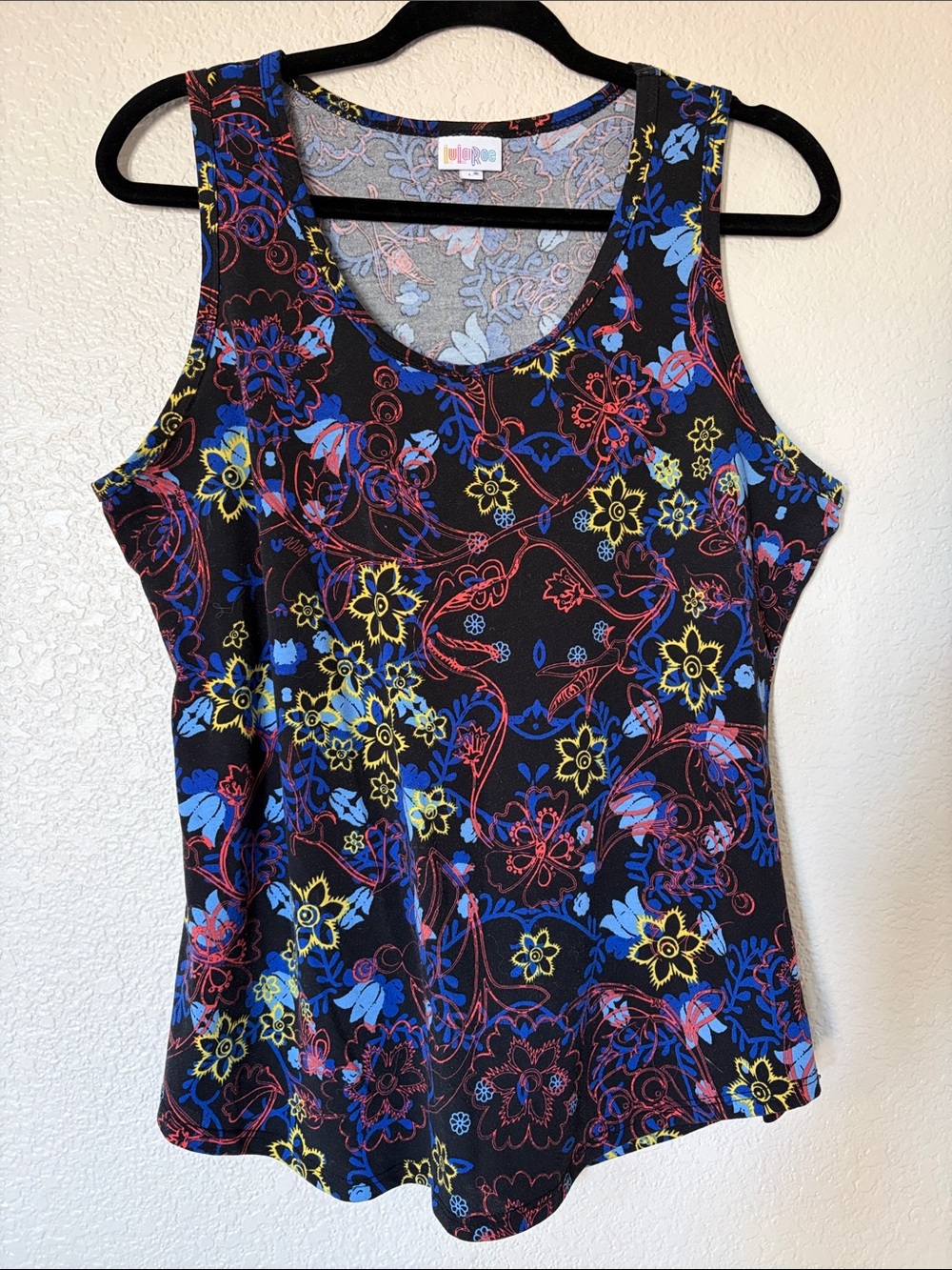LuLaRoe Black Tank Top with Blue, Yellow & Red Floral Print